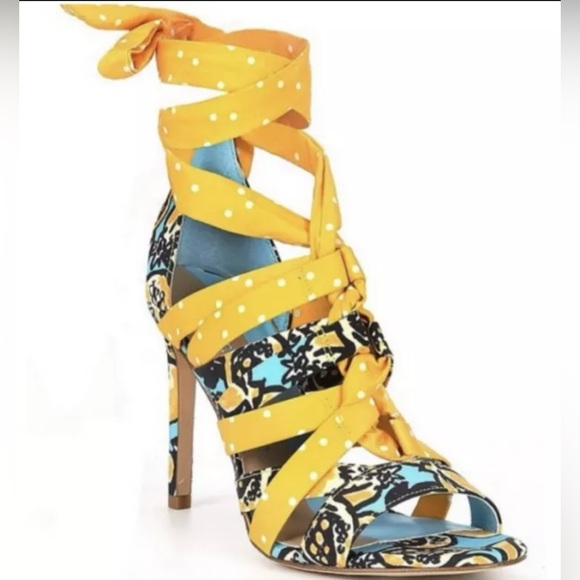 Gianni Bini Abrianna Women's 9M Preppy Polka Dot Ankle Wrap Heels Teal/Gold - Picture 2 of 7